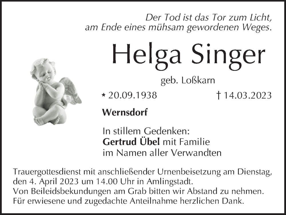  Traueranzeige für Helga Singer vom 01.04.2023 aus MGO
