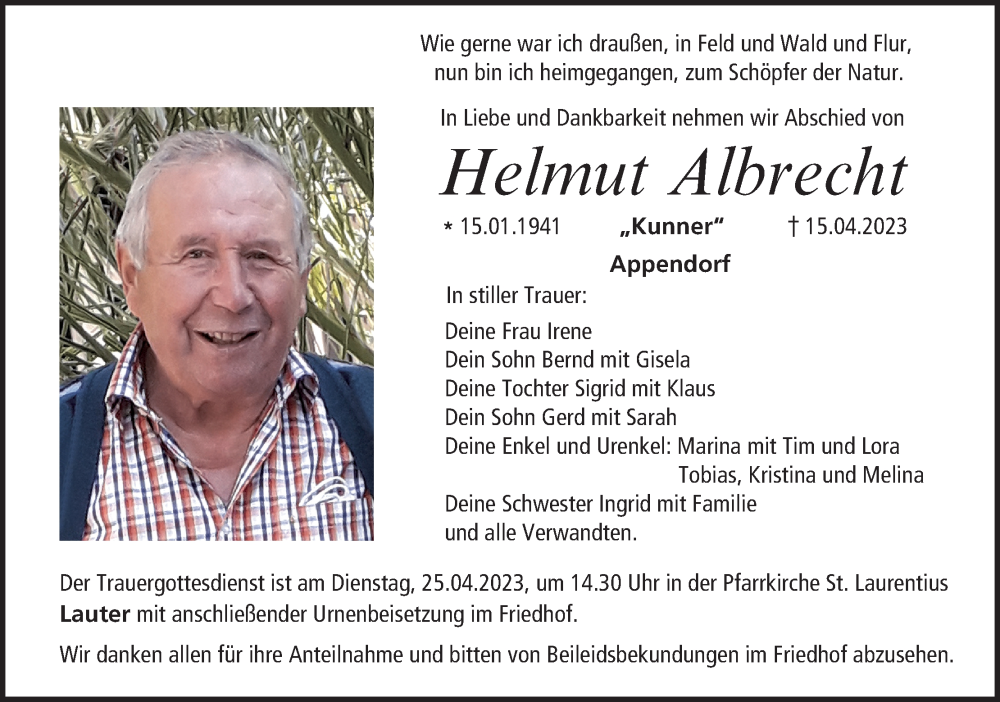  Traueranzeige für Helmut Albrecht vom 22.04.2023 aus MGO