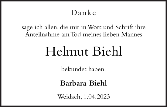 Anzeige von Helmut Biehl von MGO