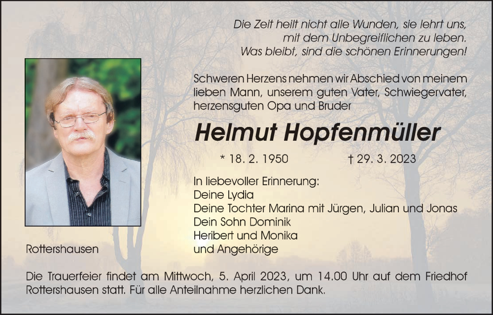  Traueranzeige für Helmut Hopfenmüller vom 01.04.2023 aus MGO
