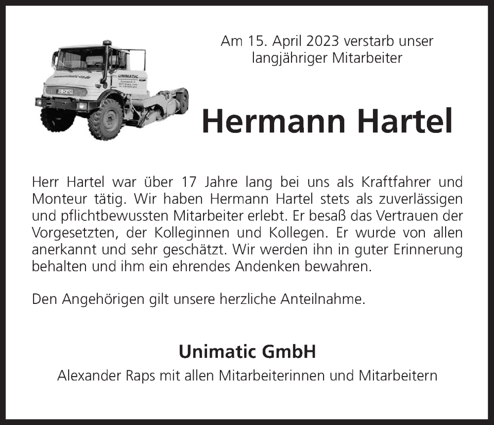  Traueranzeige für Hermann Hartel vom 28.04.2023 aus MGO