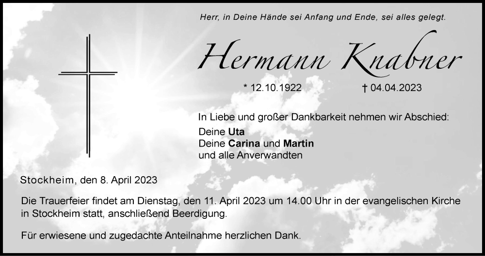  Traueranzeige für Hermann Knabner vom 08.04.2023 aus MGO