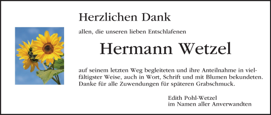 Anzeige von Hermann Wetzel von MGO
