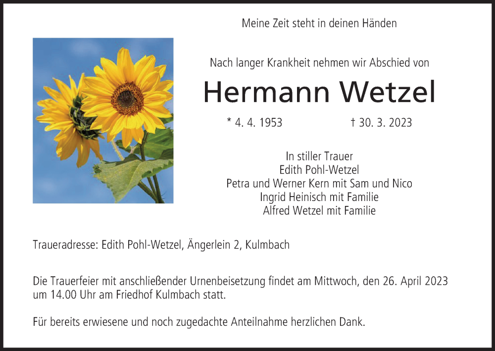  Traueranzeige für Hermann Wetzel vom 01.04.2023 aus MGO