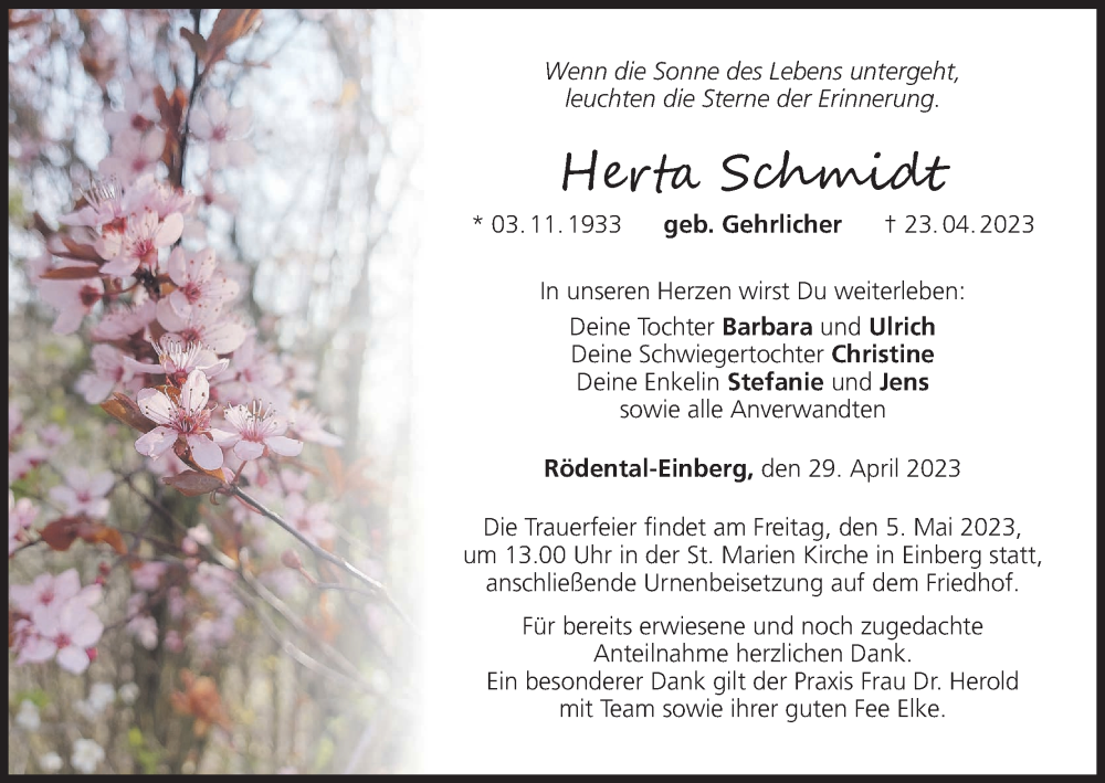  Traueranzeige für Herta Schmidt vom 29.04.2023 aus MGO