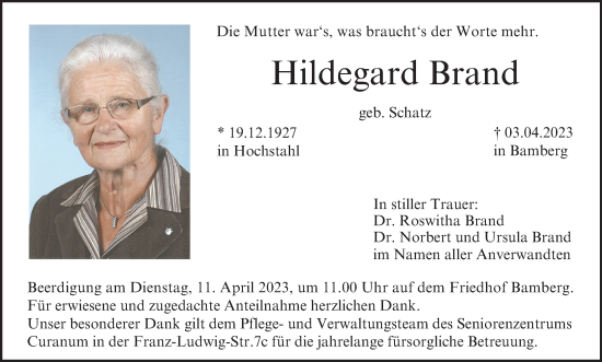 Anzeige von Hildegard Brand von MGO