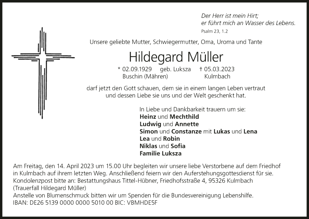  Traueranzeige für Hildegard Müller vom 08.04.2023 aus MGO