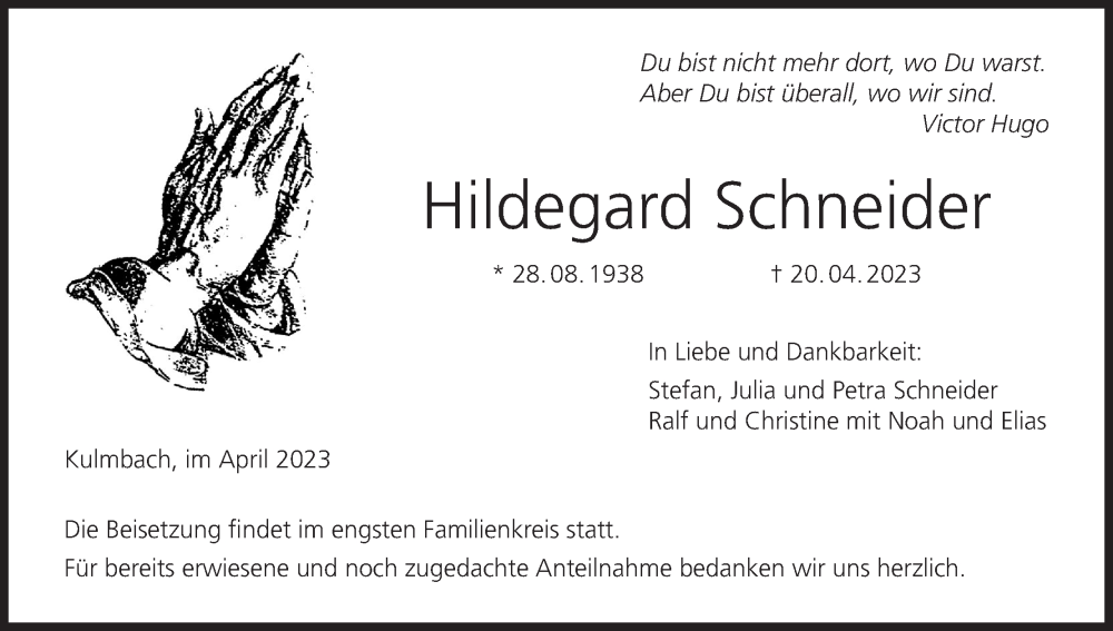  Traueranzeige für Hildegard Schneider vom 29.04.2023 aus MGO