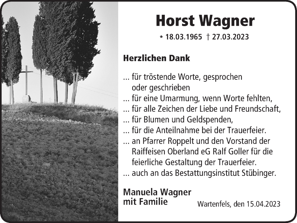  Traueranzeige für Horst Wagner vom 15.04.2023 aus MGO