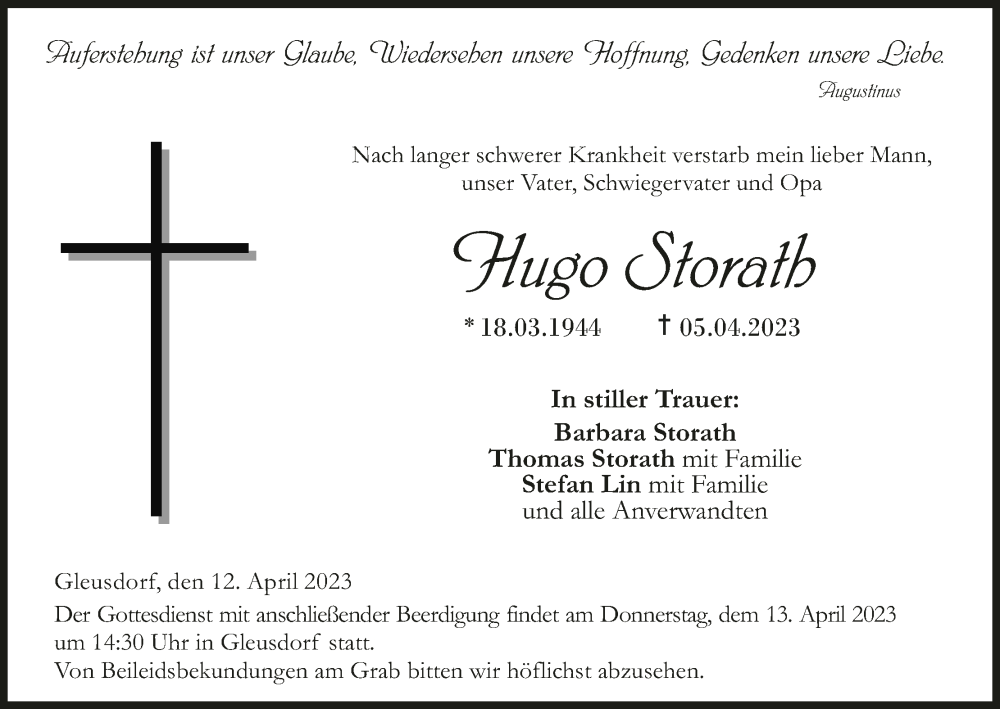  Traueranzeige für Hugo Storath vom 12.04.2023 aus MGO