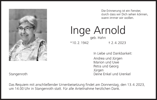 Anzeige von Inge Arnold von MGO