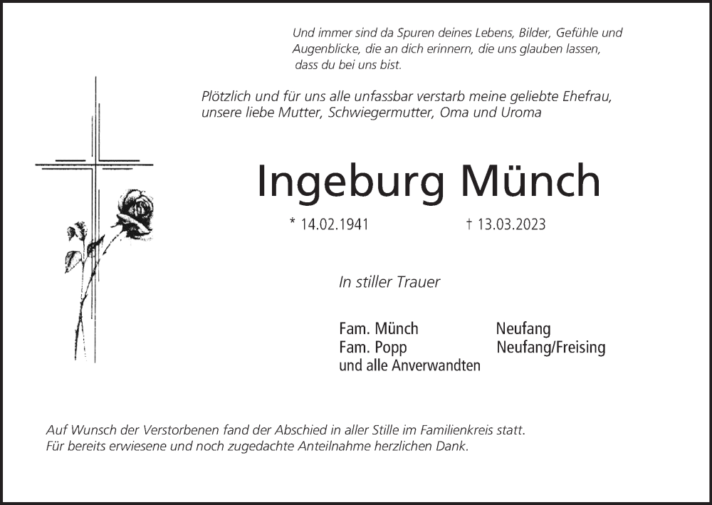  Traueranzeige für Ingeburg Münch vom 08.04.2023 aus MGO