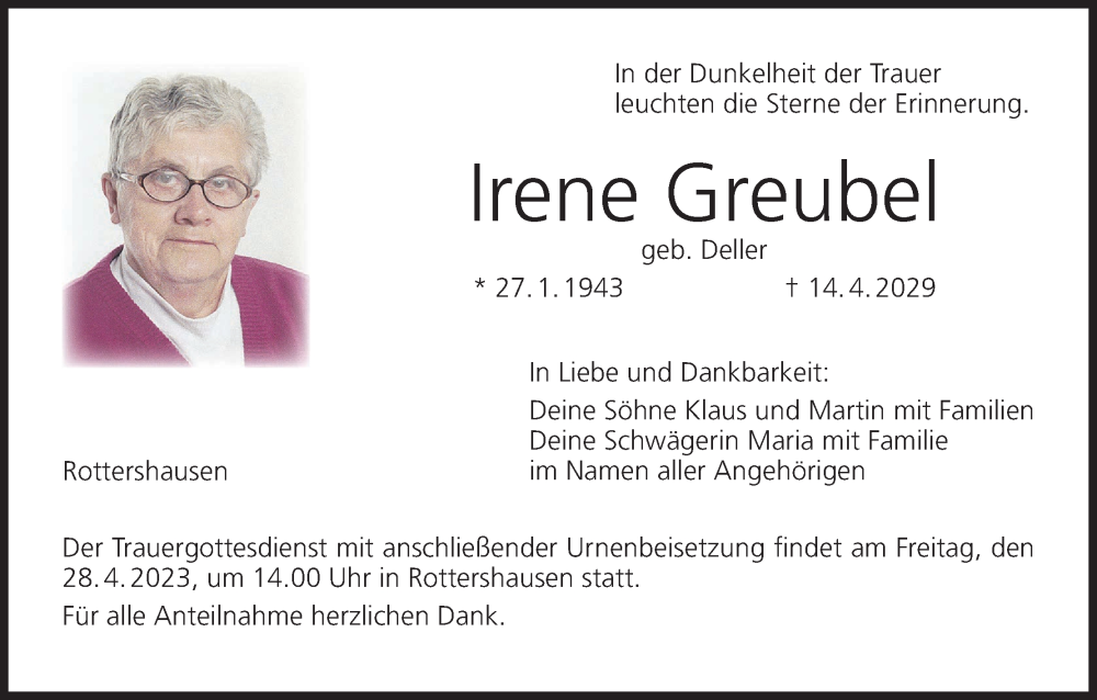  Traueranzeige für Irene Greubel vom 22.04.2023 aus MGO