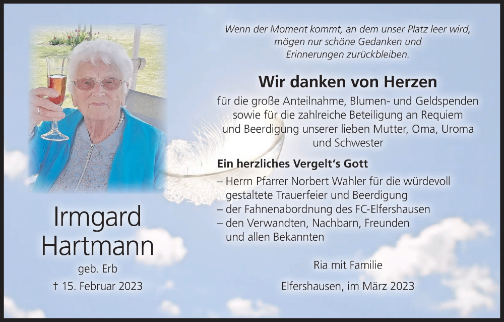  Traueranzeige für Irmgard Hartmann vom 01.04.2023 aus MGO