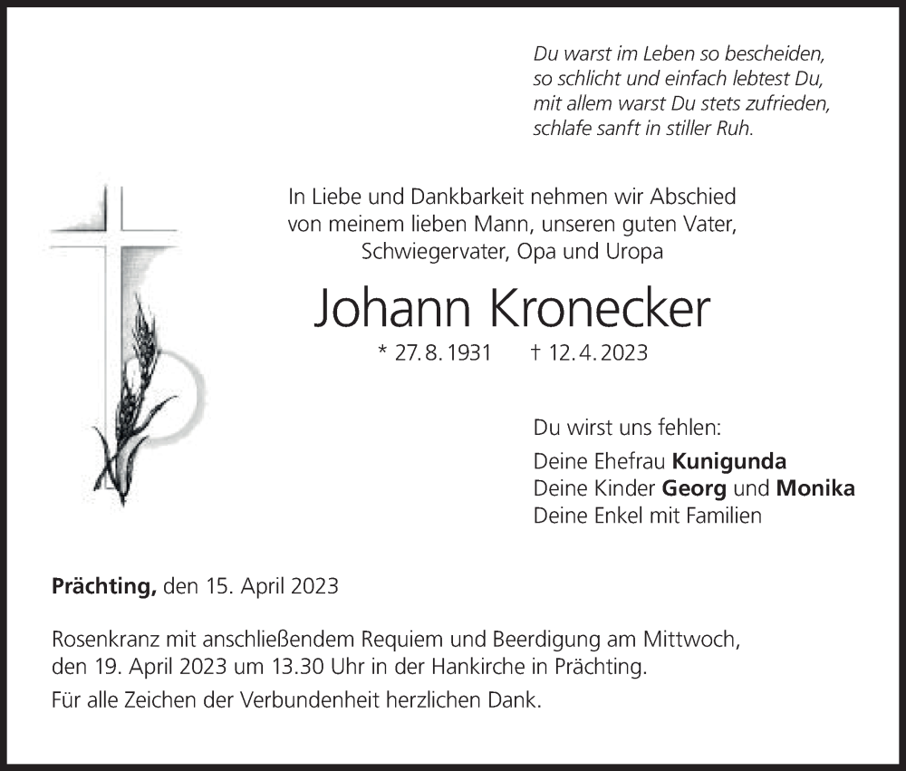  Traueranzeige für Johann Kronecker vom 15.04.2023 aus MGO