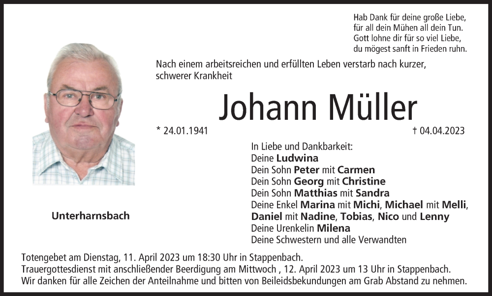  Traueranzeige für Johann Müller vom 08.04.2023 aus MGO