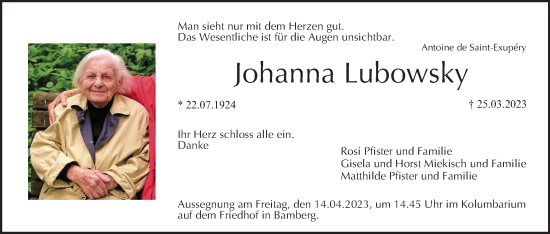 Anzeige von Johanna Lubowsky von MGO