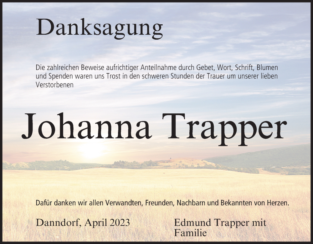  Traueranzeige für Johanna Trapper vom 12.04.2023 aus MGO