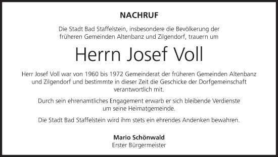 Anzeige von Josef Voll von MGO