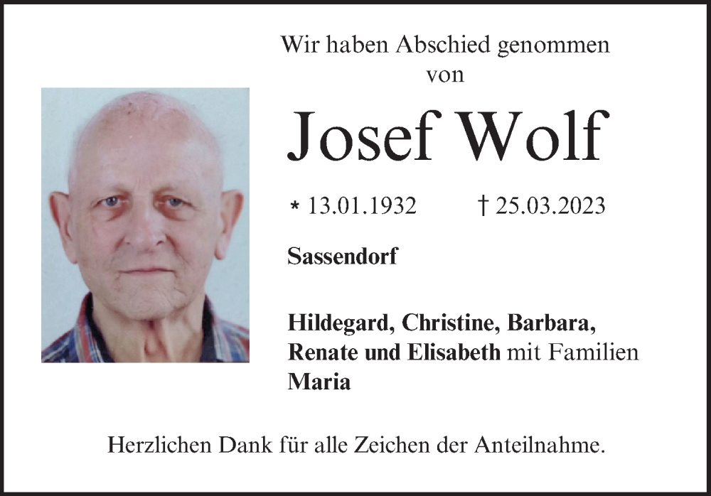  Traueranzeige für Josef Wolf vom 15.04.2023 aus MGO