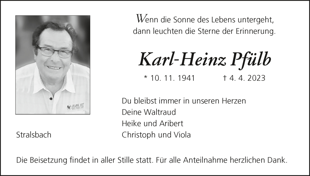  Traueranzeige für Karl-Heinz Pfülb vom 08.04.2023 aus MGO