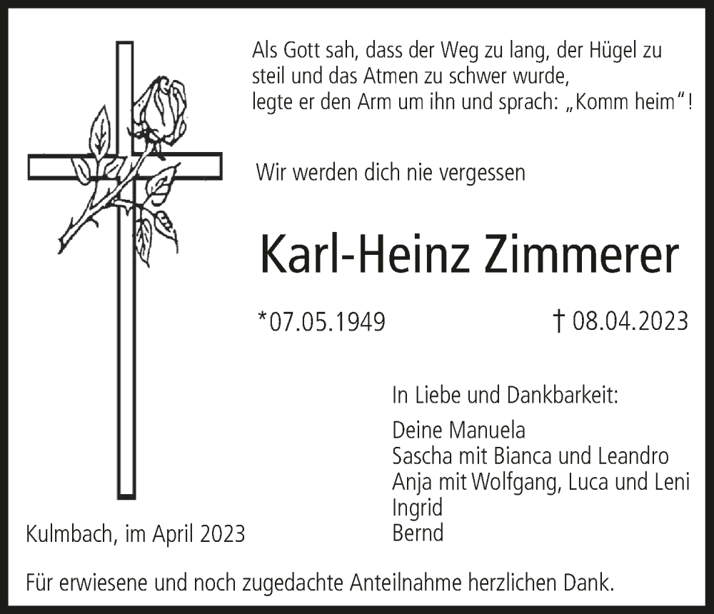  Traueranzeige für Karl-Heinz Zimmerer vom 13.04.2023 aus MGO