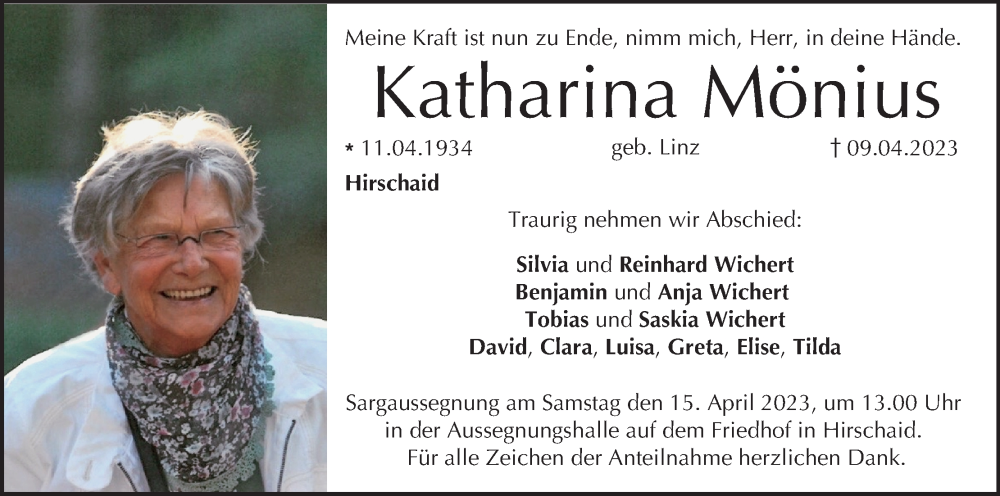  Traueranzeige für Katharina Mönius vom 13.04.2023 aus MGO