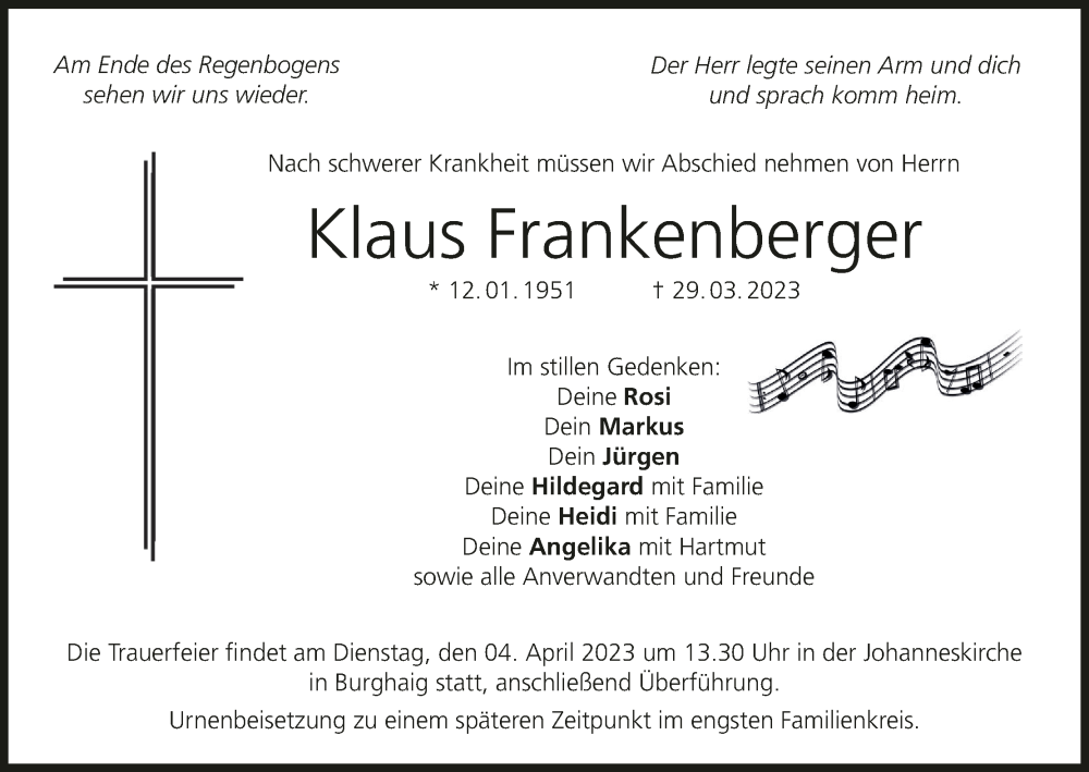  Traueranzeige für Klaus Frankenberger vom 01.04.2023 aus MGO