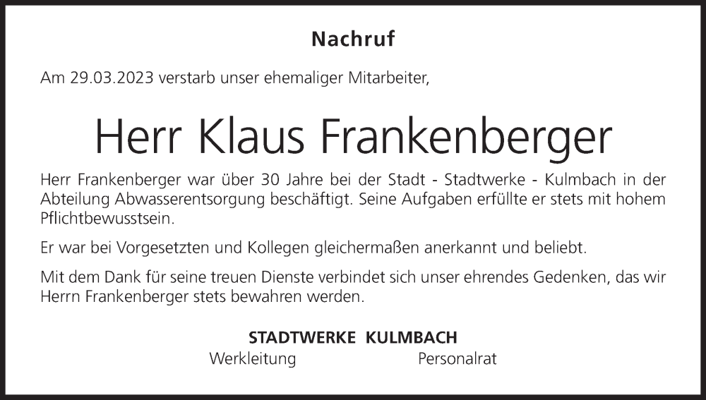  Traueranzeige für Klaus Frankenberger vom 04.04.2023 aus MGO