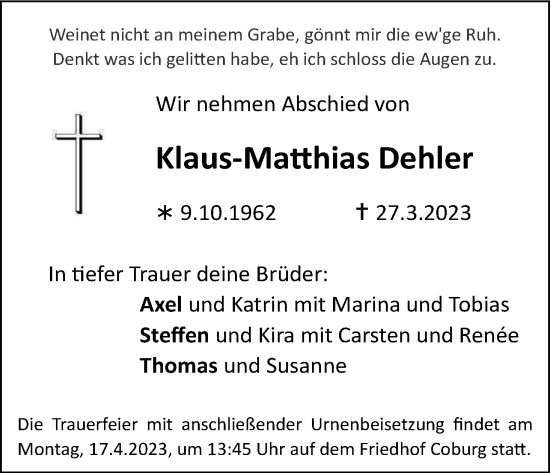 Anzeige von Klaus-Matthias Dehler von MGO