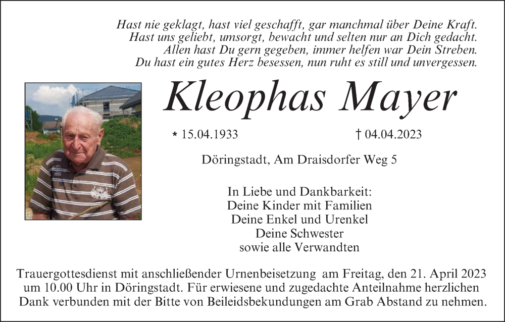  Traueranzeige für Kleophas Mayer vom 18.04.2023 aus MGO