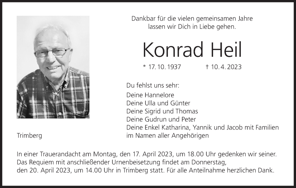  Traueranzeige für Konrad Heil vom 15.04.2023 aus MGO