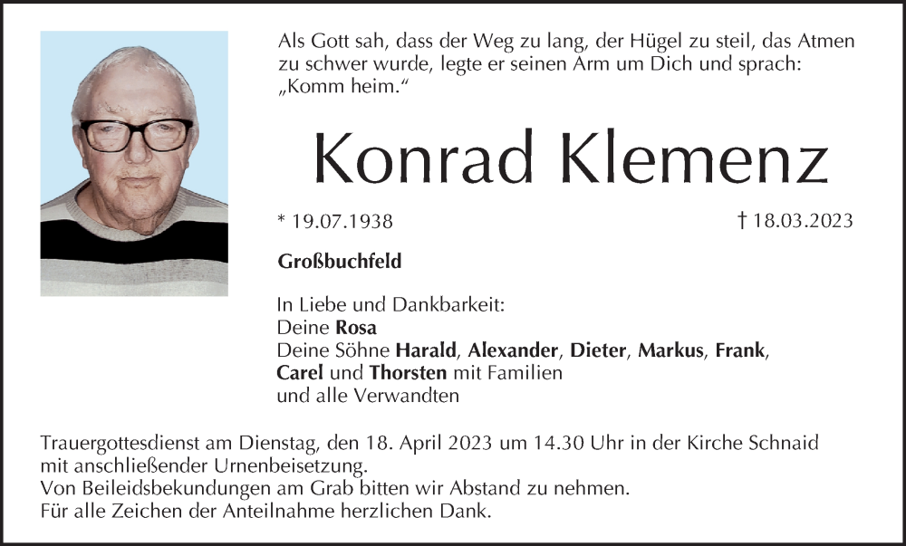  Traueranzeige für Konrad Klemenz vom 12.04.2023 aus MGO