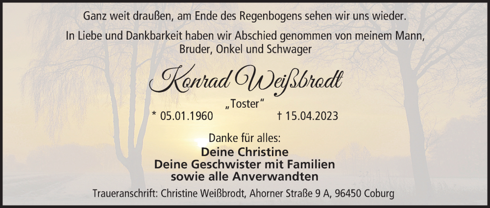  Traueranzeige für Konrad Weißbrodt vom 22.04.2023 aus MGO