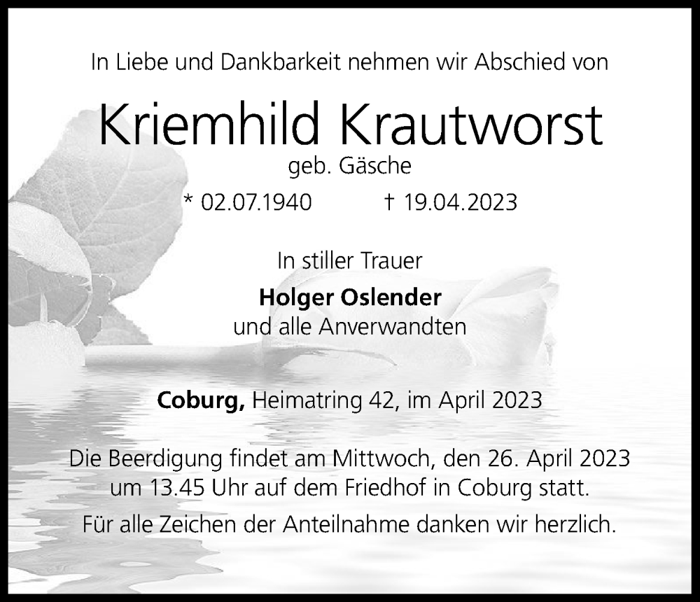  Traueranzeige für Kriemhild Krautworst vom 22.04.2023 aus MGO