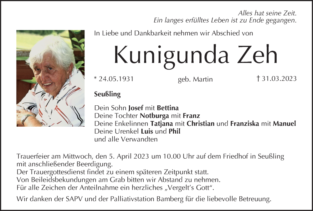  Traueranzeige für Kunigunda Zeh vom 04.04.2023 aus MGO