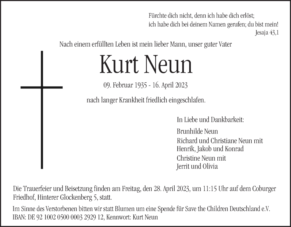  Traueranzeige für Kurt Neun vom 22.04.2023 aus MGO