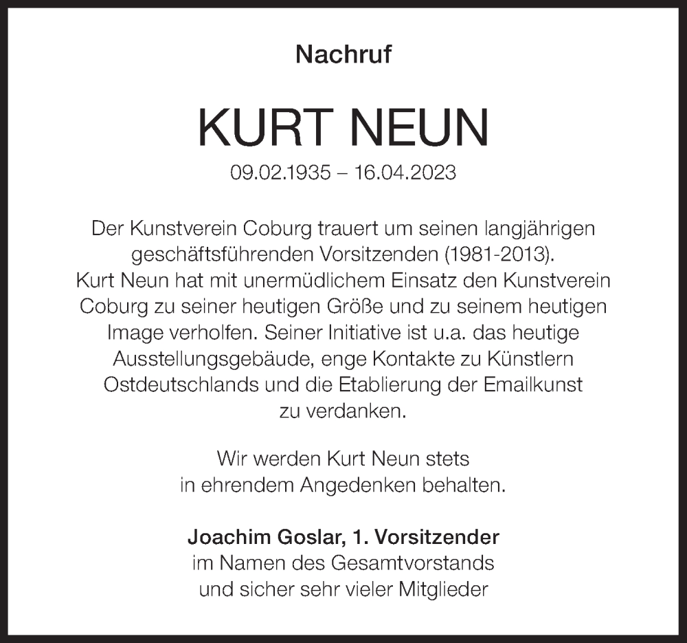  Traueranzeige für Kurt Neun vom 29.04.2023 aus MGO