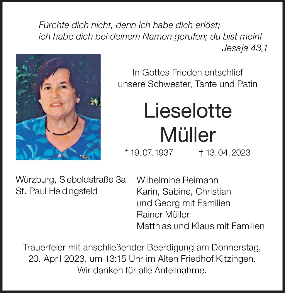  Traueranzeige für Lieselotte Müller vom 18.04.2023 aus MGO