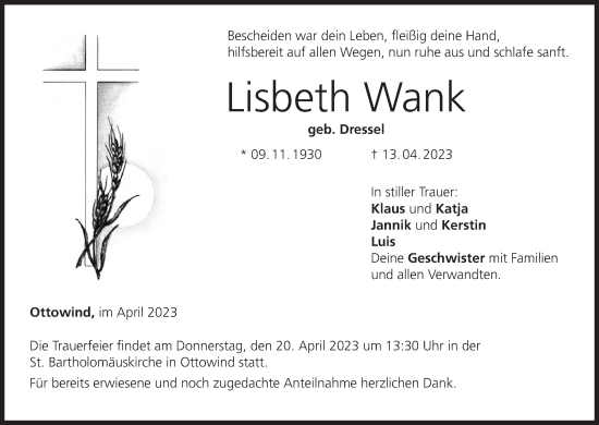Anzeige von Lisbeth Wank von MGO