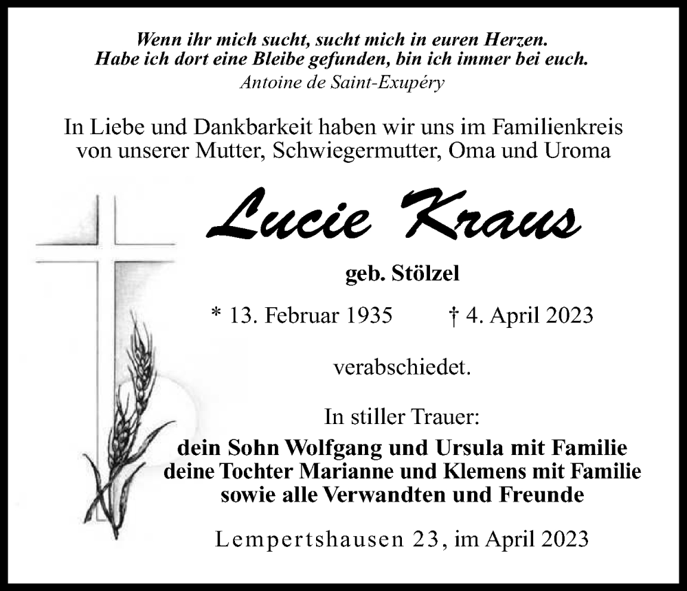  Traueranzeige für Lucie Kraus vom 22.04.2023 aus MGO