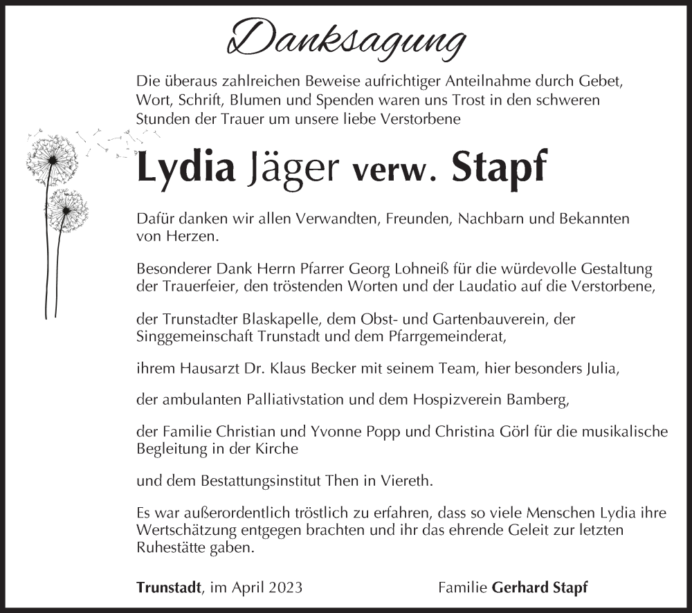  Traueranzeige für Lydia Jäger vom 29.04.2023 aus MGO