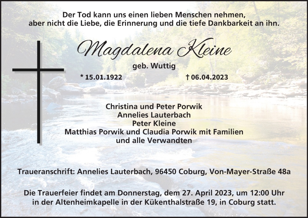  Traueranzeige für Magdalena Kleine vom 15.04.2023 aus MGO
