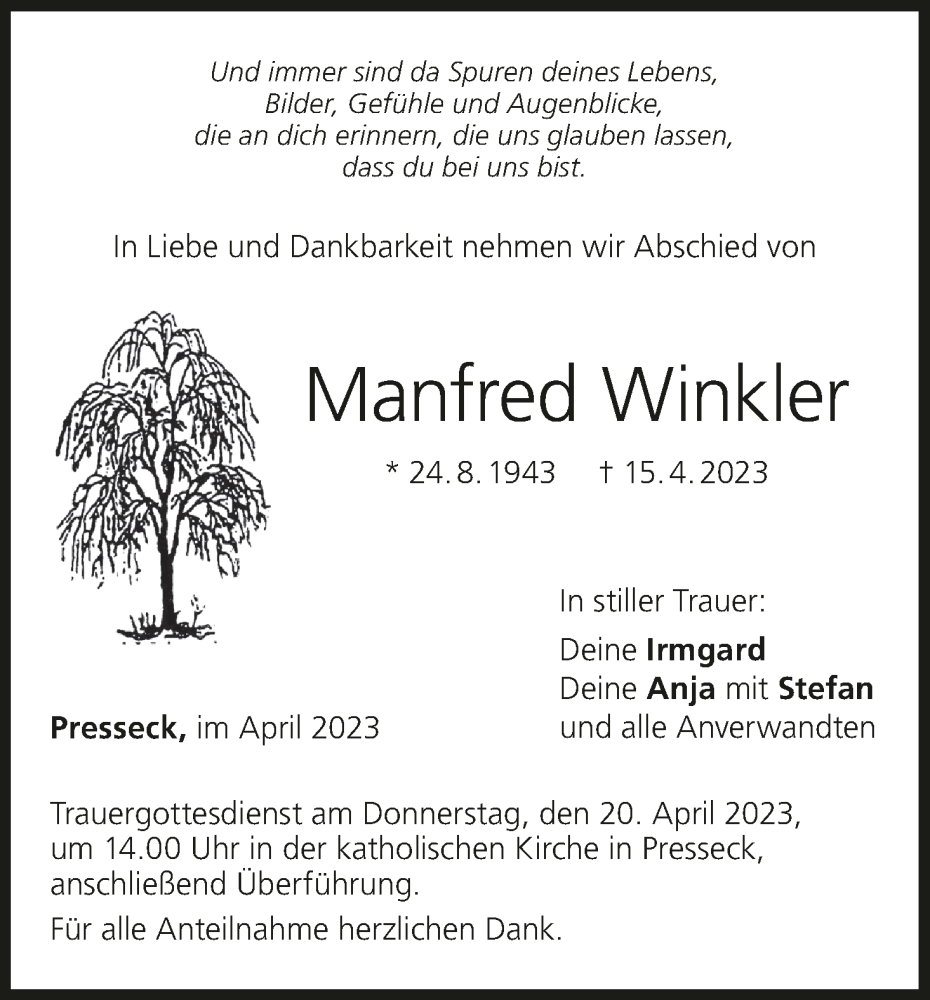  Traueranzeige für Manfred Winkler vom 19.04.2023 aus MGO