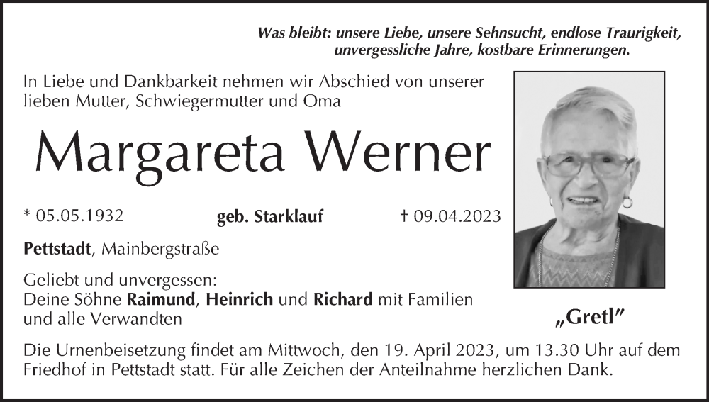  Traueranzeige für Margareta Werner vom 15.04.2023 aus MGO