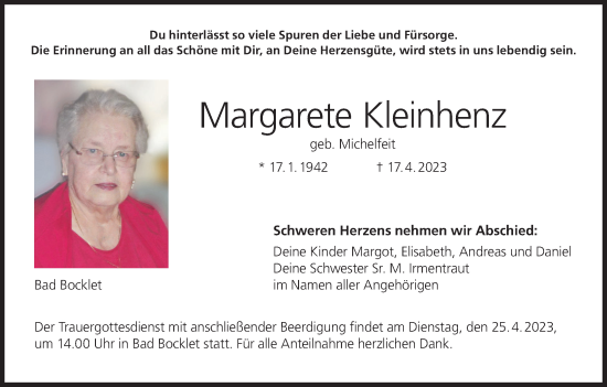 Anzeige von Margarete Kleinhenz von MGO