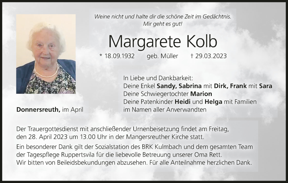  Traueranzeige für Margarete Kolb vom 25.04.2023 aus MGO