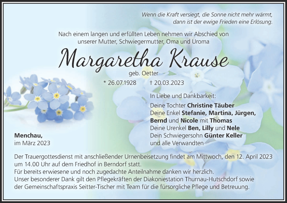  Traueranzeige für Margaretha Krause vom 08.04.2023 aus MGO