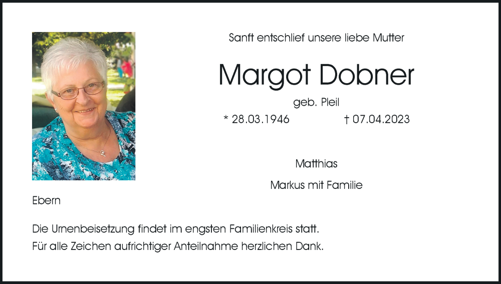  Traueranzeige für Margot Dobner vom 15.04.2023 aus MGO