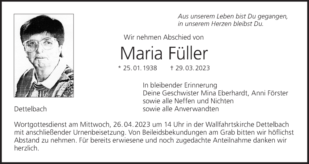  Traueranzeige für Maria Füller vom 21.04.2023 aus MGO